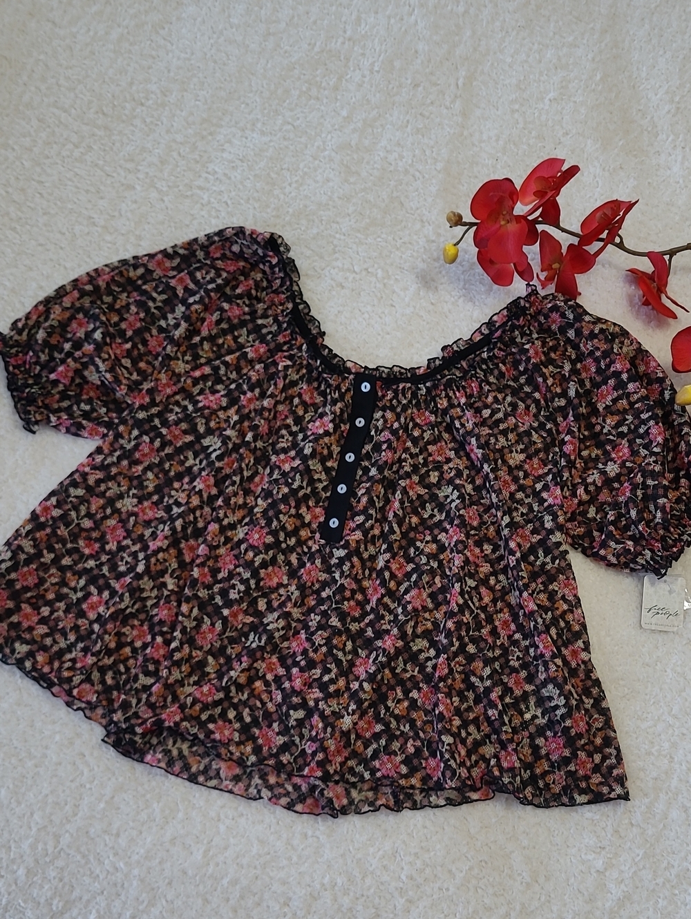 NEW Free People Peasant Top Stretch Flowy Puff Short Sleeve Fits M-L - Picture 7 of 15